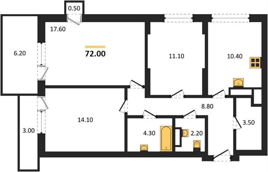 ЖК «Дом на Энгельса» · 3-комнатная квартира · 72 м² · 4 этаж