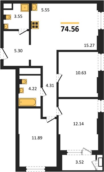 ЖК «Черниговская» · 3-комнатная квартира · 74.56 м² · 5 этаж