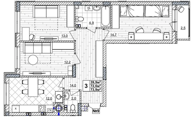 ЖК «Смородина» · 3-комнатная квартира · 73.9 м² · 2 этаж