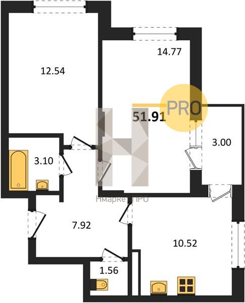 2—комн. квартира, 51.91 кв.м, 2/18 этаж