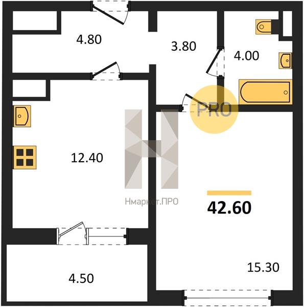 1—комн. квартира, 42.6 кв.м, 2/18 этаж