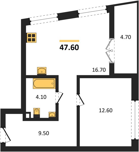 ЖК «Щелоковский» · 1-комнатная квартира · 47.6 м² · 2 этаж