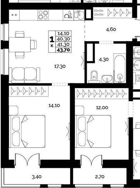 ЖК «Искра» · 1-комнатная квартира · 41.3 м² · 2 этаж