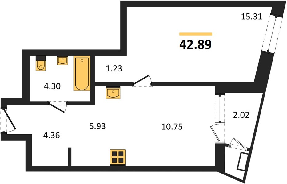 ЖК «Черниговская» · 1-комнатная квартира · 42.89 м² · 21 этаж