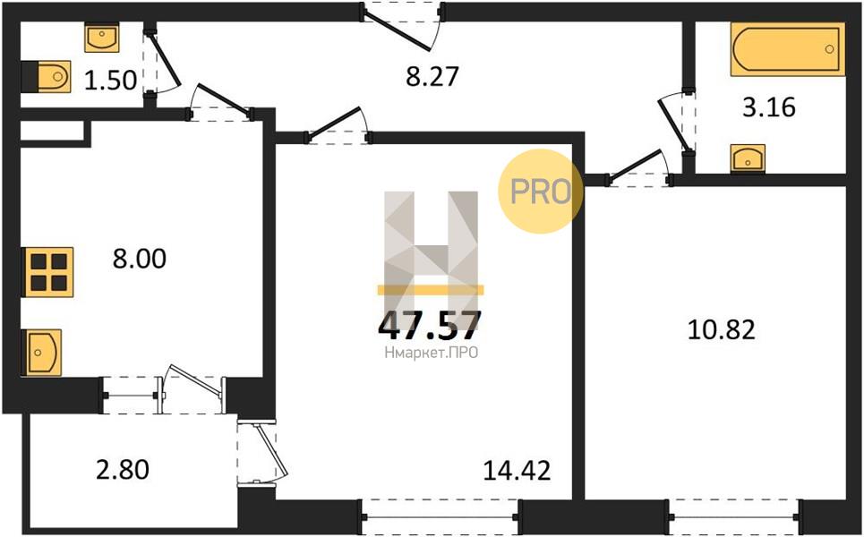 2—комн. квартира, 47.57 кв.м, 9/18 этаж