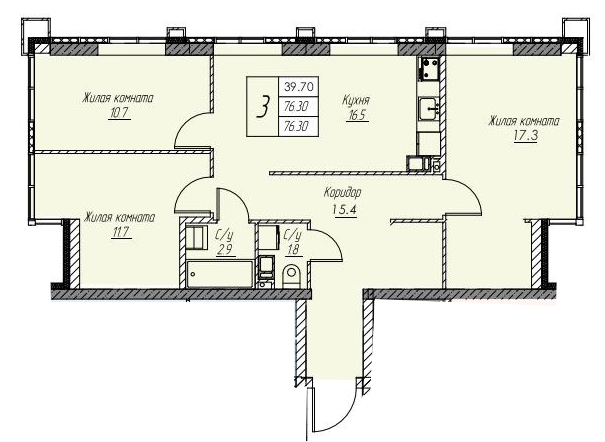 ЖК «Доминант» · 3-комнатная квартира · 76.3 м² · 12 этаж