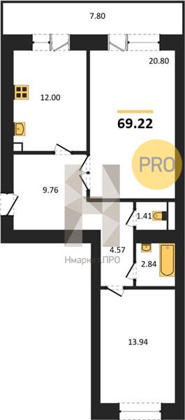 2—комн. квартира, 70.1 кв.м, 10/16 этаж