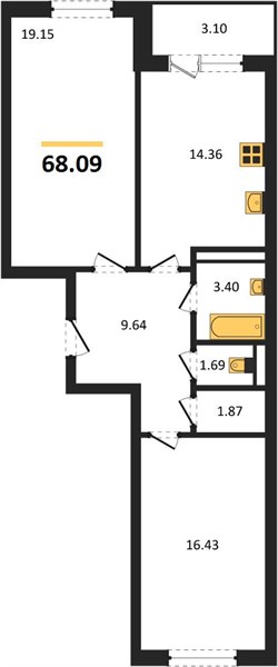 2—комн. квартира, 68.09 кв.м, 11/18 этаж