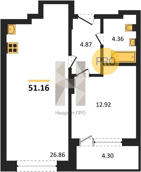 1—комн. квартира, 51.16 кв.м, 5/21 этаж