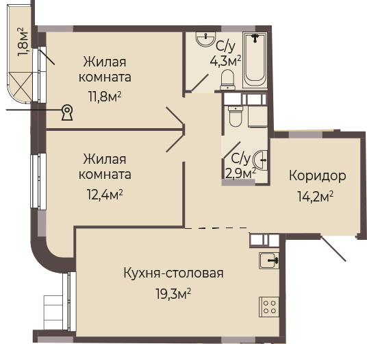 ЖК «Трио» · 2-комнатная квартира · 65.4 м² · 6 этаж