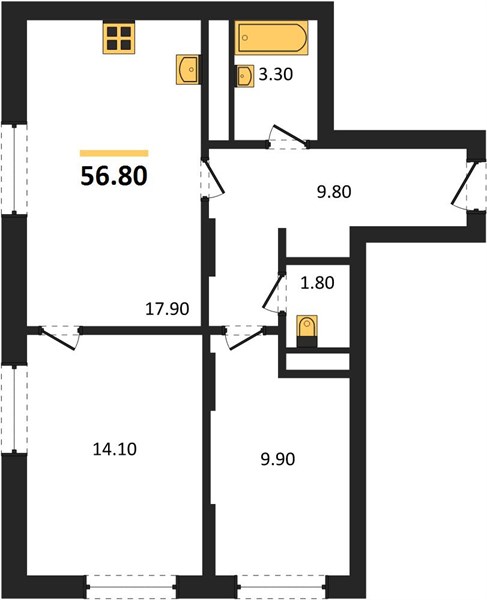 ЖК «Кузнечиха Город» · 2-комнатная квартира · 56.8 м² · 3 этаж