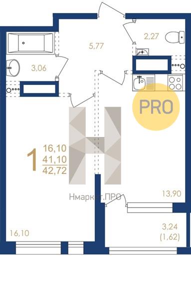 1—комн. квартира, 42.72 кв.м, 6/17 этаж
