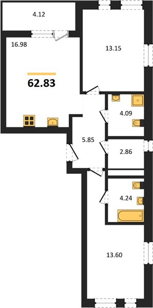 ЖК «Левобережный» · 2-комнатная квартира · 62.83 м² · 11 этаж