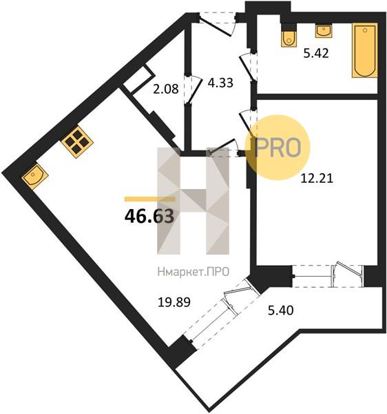 1—комн. квартира, 46.63 кв.м, 8/24 этаж