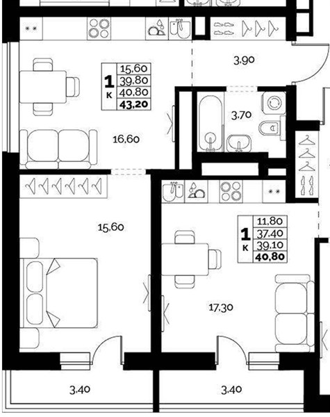 ЖК «Искра» · 1-комнатная квартира · 40.8 м² · 5 этаж
