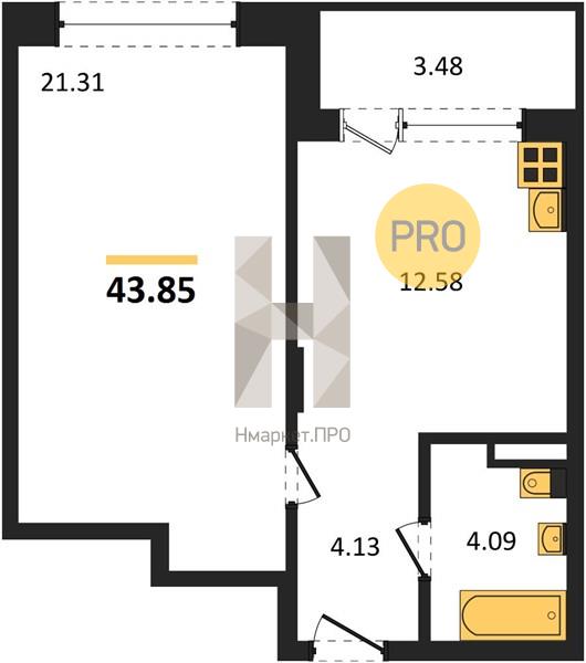 1—комн. квартира, 43.85 кв.м, 2/21 этаж