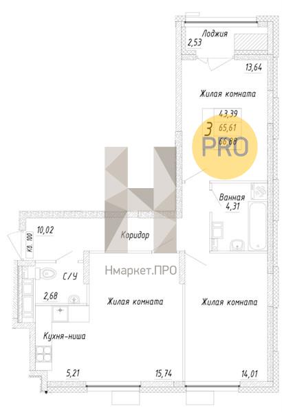 2—комн. квартира, 66.88 кв.м, 13/17 этаж