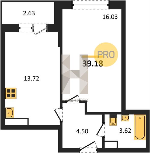 1—комн. квартира, 39.18 кв.м, 17/20 этаж