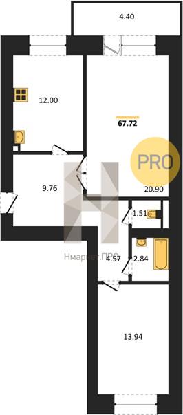 2—комн. квартира, 67.72 кв.м, 1/14 этаж