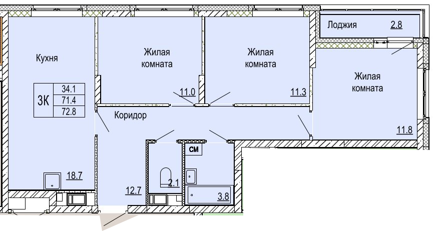 ЖК «Кузнечиха Город» · 3-комнатная квартира · 72.8 м² · 10 этаж