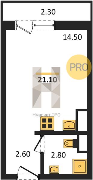 1—комн. квартира, 21.1 кв.м, 12/18 этаж