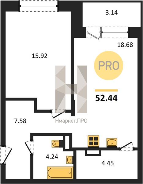 1—комн. квартира, 52.44 кв.м, 18/24 этаж