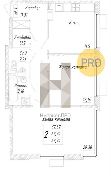 2—комн. квартира, 62.3 кв.м, 3/17 этаж