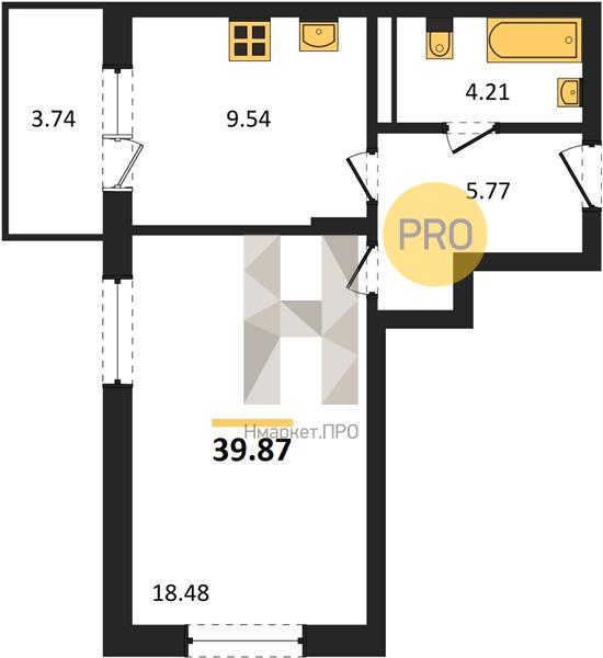 1—комн. квартира, 39.87 кв.м, 3/19 этаж