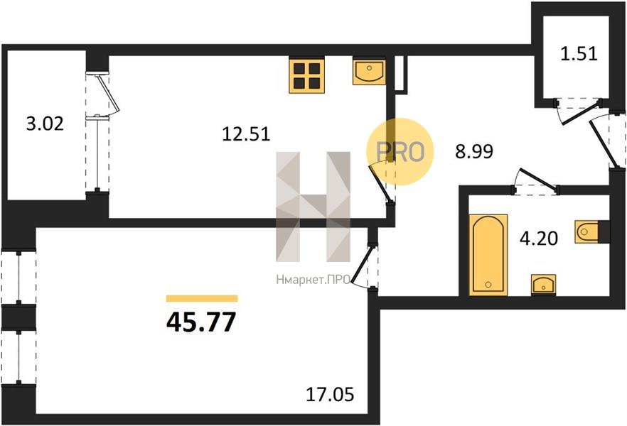 1—комн. квартира, 45.77 кв.м, 2/21 этаж
