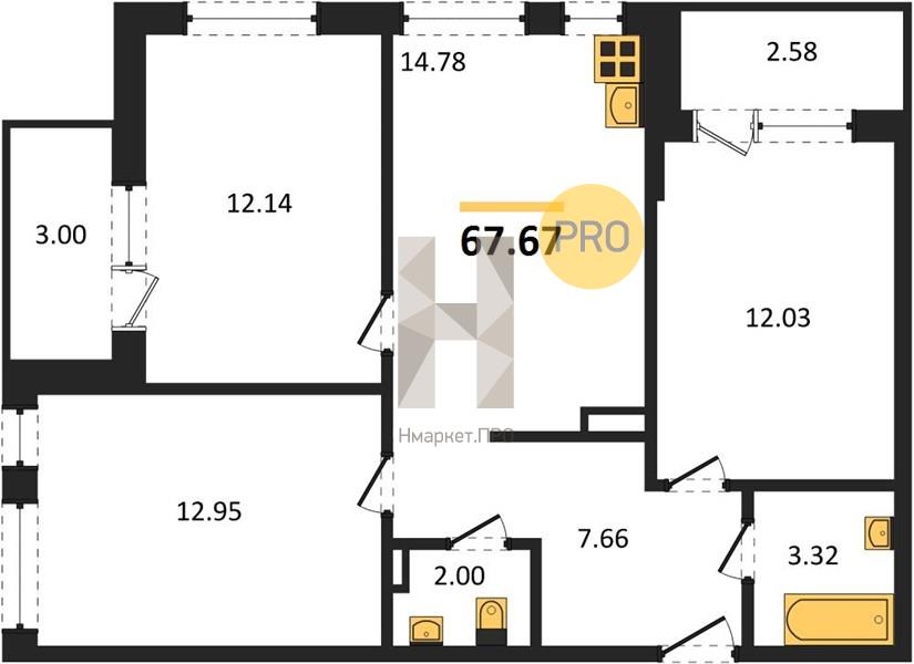3—комн. квартира, 67.67 кв.м, 16/18 этаж