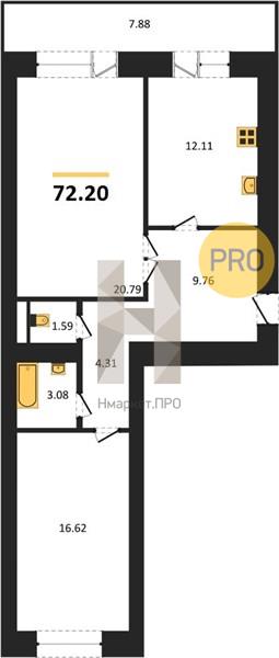 2—комн. квартира, 72.9 кв.м, 15/16 этаж
