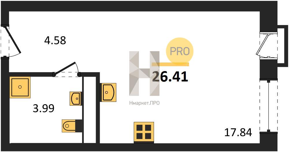 1—комн. квартира, 26.41 кв.м, 7/21 этаж