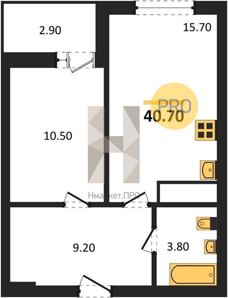 1—комн. квартира, 40.7 кв.м, 17/18 этаж