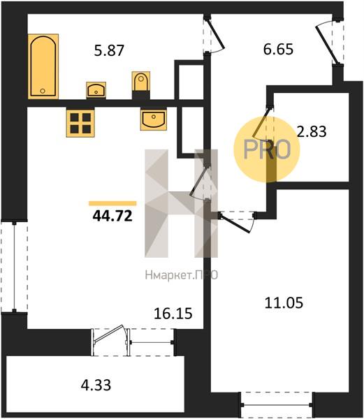 1—комн. квартира, 44.72 кв.м, 5/25 этаж