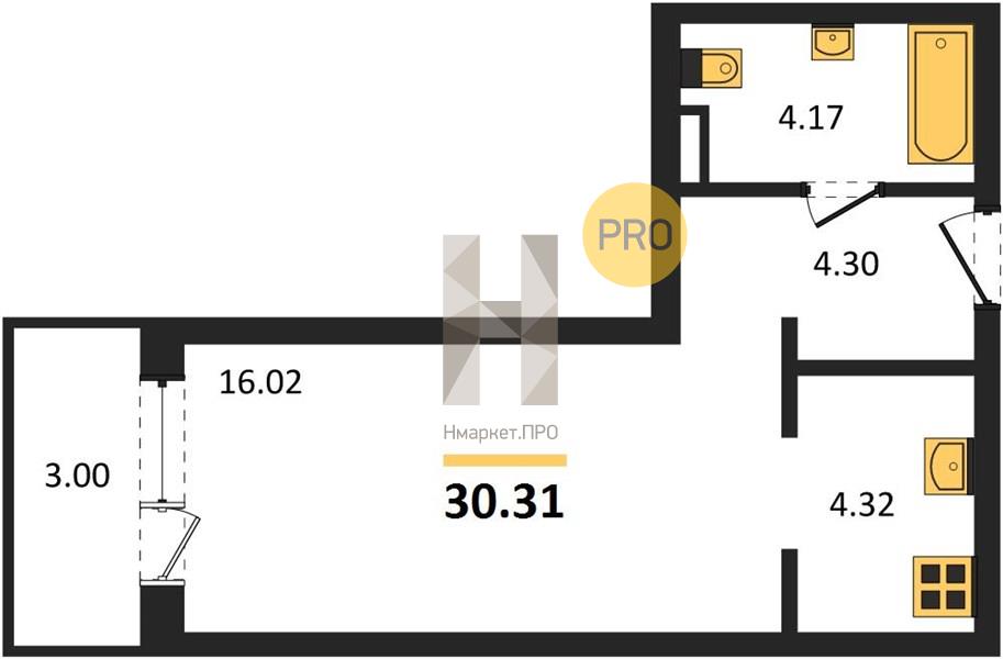 Квартира, 30.31 кв.м, 14/19 этаж