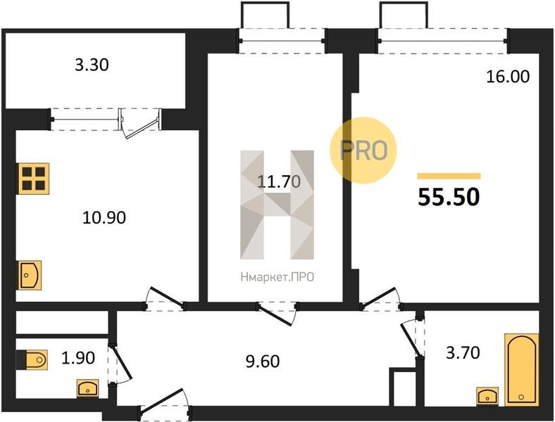 2—комн. квартира, 55.5 кв.м, 2/13 этаж