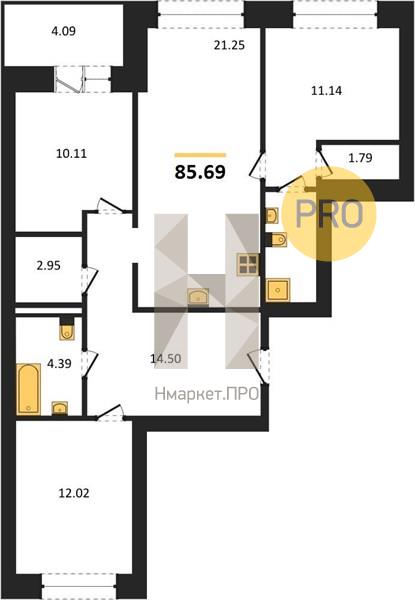 3—комн. квартира, 85.69 кв.м, 6/9 этаж