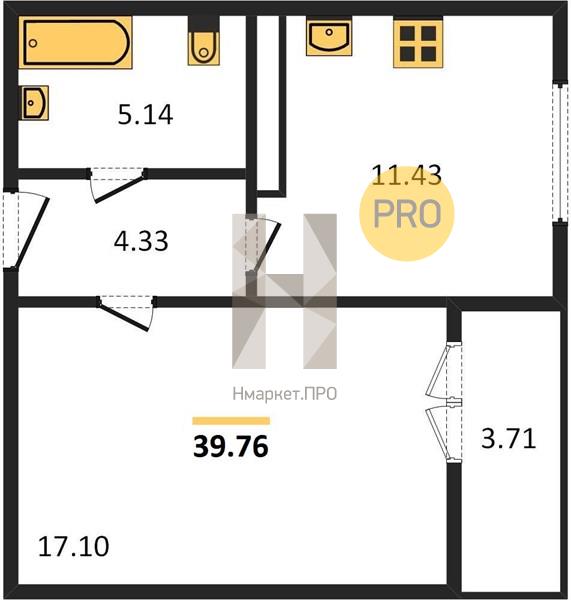 1—комн. квартира, 39.76 кв.м, 14/20 этаж