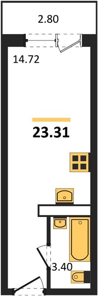 1—комн. квартира, 23.31 кв.м, 19/19 этаж