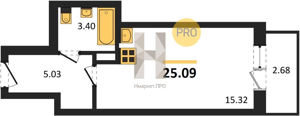 Квартира, 25.09 кв.м, 18/19 этаж