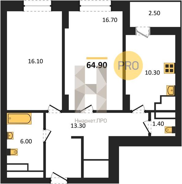 2—комн. квартира, 64.9 кв.м, 24/25 этаж