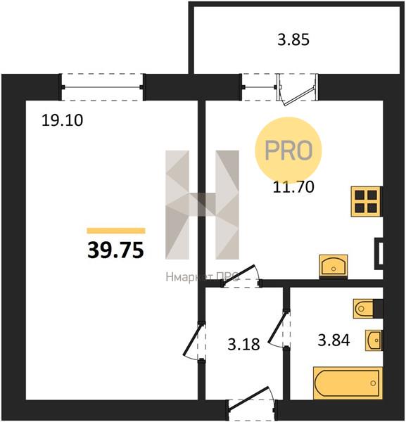 1—комн. квартира, 39.75 кв.м, 3/4 этаж