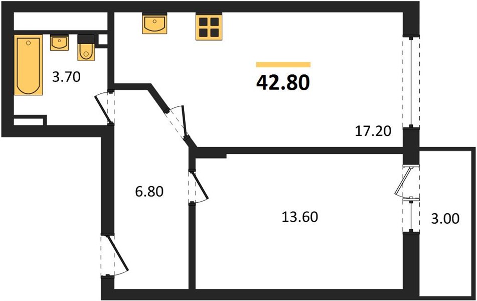 ЖК «Сормовский дуэт» · 1-комнатная квартира · 42.8 м² · 9 этаж