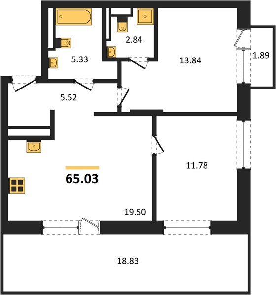 ЖК «Статус на Гребном канале» · 2-комнатная квартира · 65.03 м² · 2 этаж