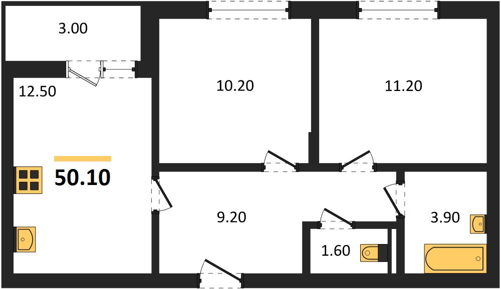 ЖК «Кузнечиха Город» · 2-комнатная квартира · 50.1 м² · 2 этаж