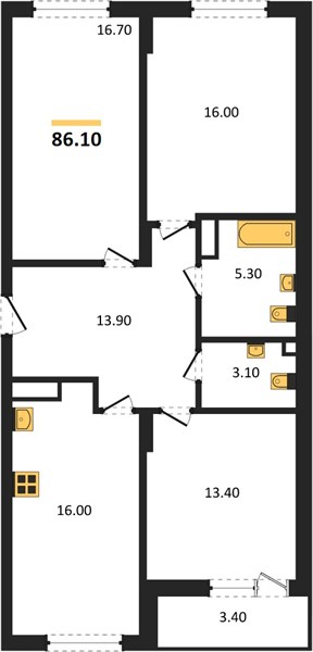 ЖК «Кузнечиха Город» · 3-комнатная квартира · 86.1 м² · 17 этаж