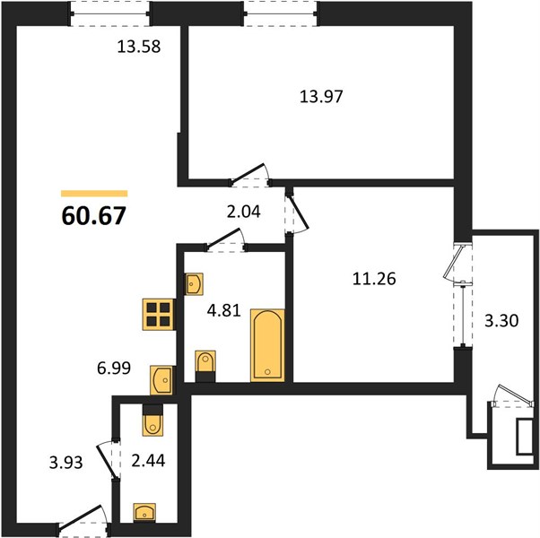 ЖК «Черниговская» · 2-комнатная квартира · 60.67 м² · 30 этаж