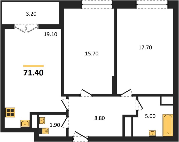 ЖК «Гранд Квартал Бетанкур» · 2-комнатная квартира · 71.4 м² · 14 этаж