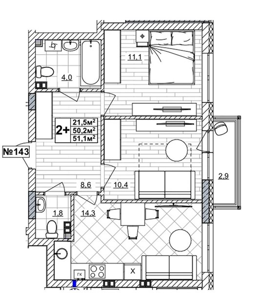 ЖК «Смородина» · 2-комнатная квартира · 51.1 м² · 2 этаж