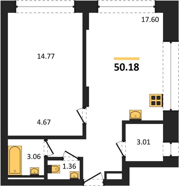 ЖК «ВЕРЕН ПЛЭЙС ОДЕССКАЯ» · 1-комнатная квартира · 50.18 м² · 4 этаж